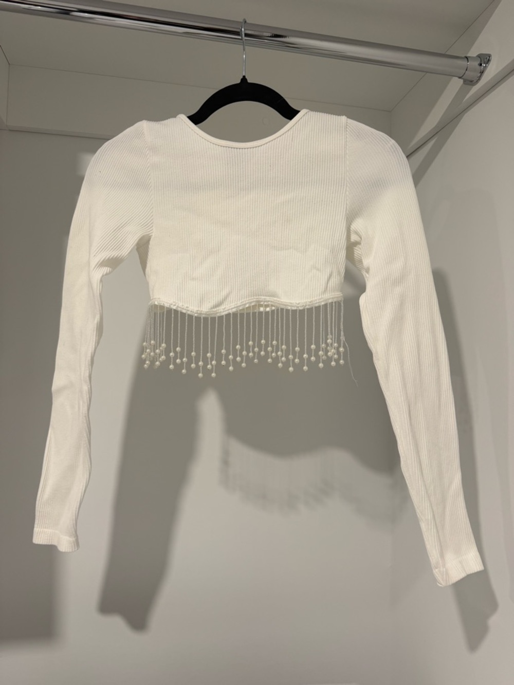 Sincerely Jules White Ribbed Long-Sleeve Crop Top with Pearl Fringe